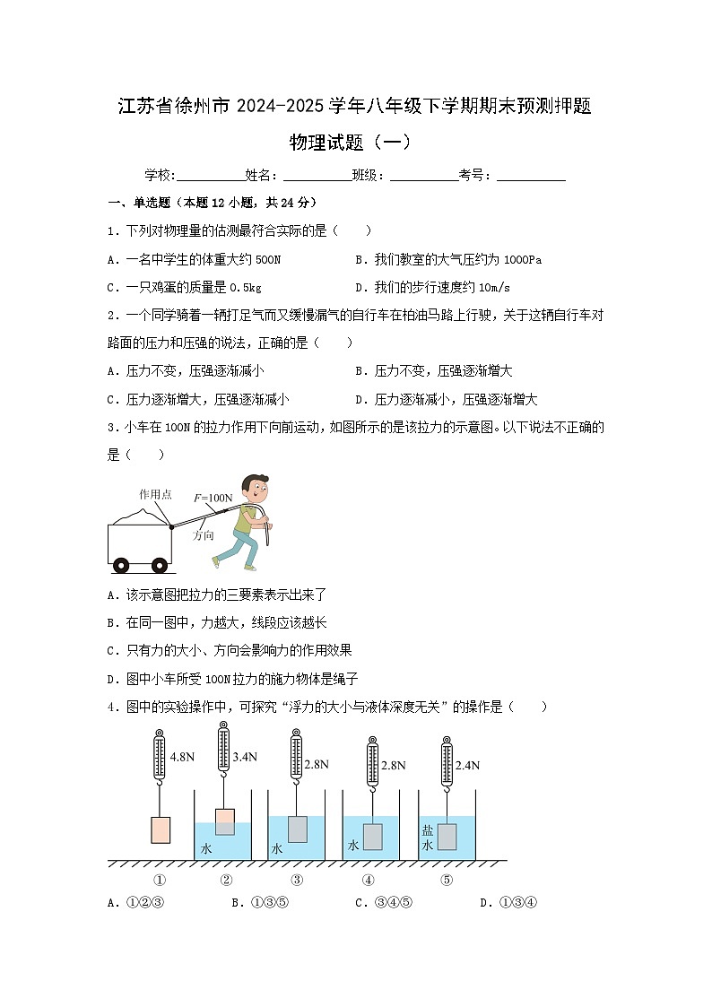 江苏省徐州市2024-2025学年八年级下学期期末预测押题（一）苏科版2024新版物理试卷第1页