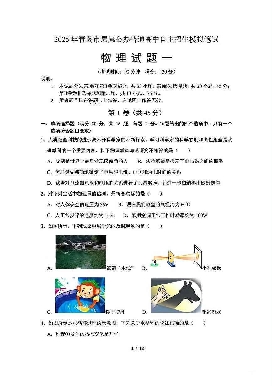 2025年山东省青岛市青岛大学附属中学自主招生物理模拟试卷3（中考模拟）第1页