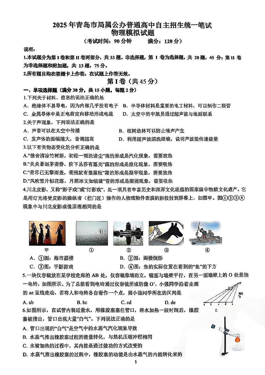 2025年山东省青岛市李沧区自主招生物理联考试题（中考模拟）第1页