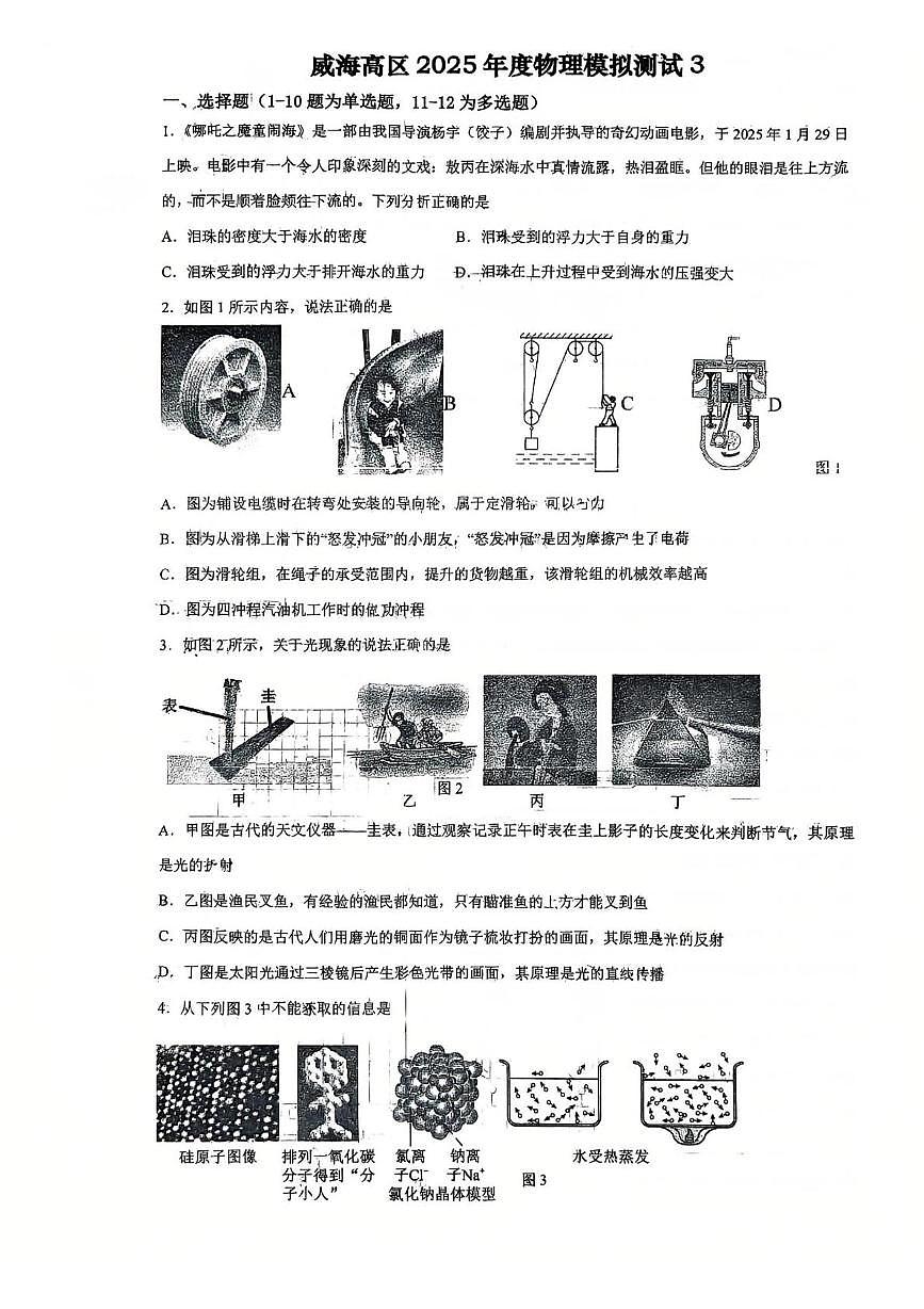 2025年山东省威海市威海火炬高技术产业开发区中考三模物理试题（中考模拟）第1页