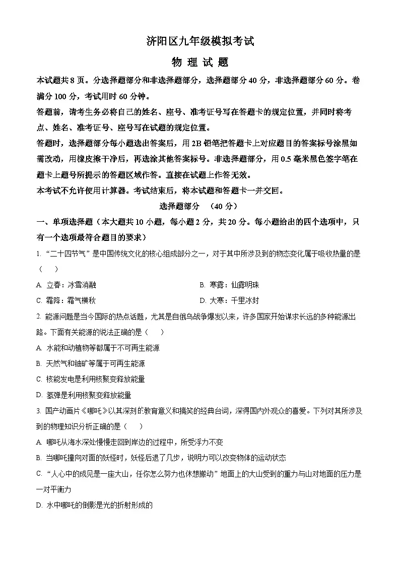 2025年山东省济南市济阳区中考一模物理试题（中考模拟）第1页