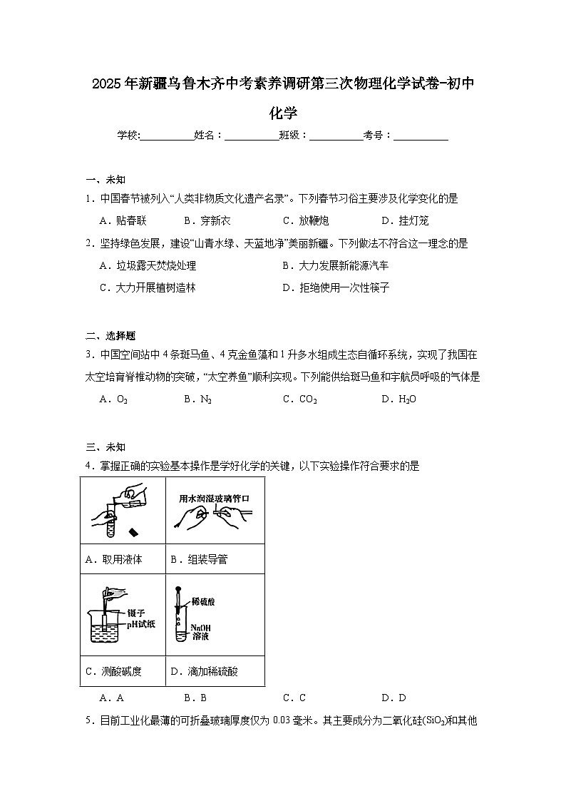 2025年新疆乌鲁木齐中考素养调研第三次物理化学试卷-初中化学（无答案）第1页