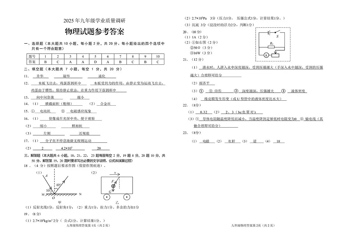 江苏省连云港市开发区2025年中考物理二模试题 二模物理参考答案第1页