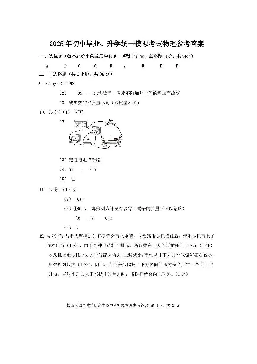 2025内蒙古赤峰市松山区中考物理模拟考试 2025年5月模拟物理参考答案第1页