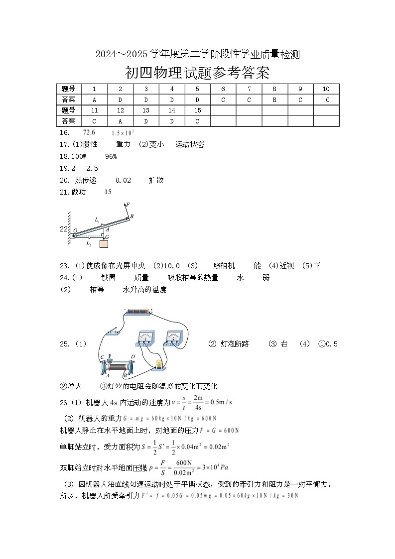 2025年山东省淄博市高新区中考二模物理试卷 25年高新物理二模试题答案第1页