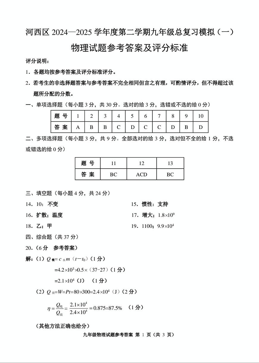 2025年天津市河西区九年级一模物理试题（含答案） 2025年河西区中考一模物理试题【答案】第1页
