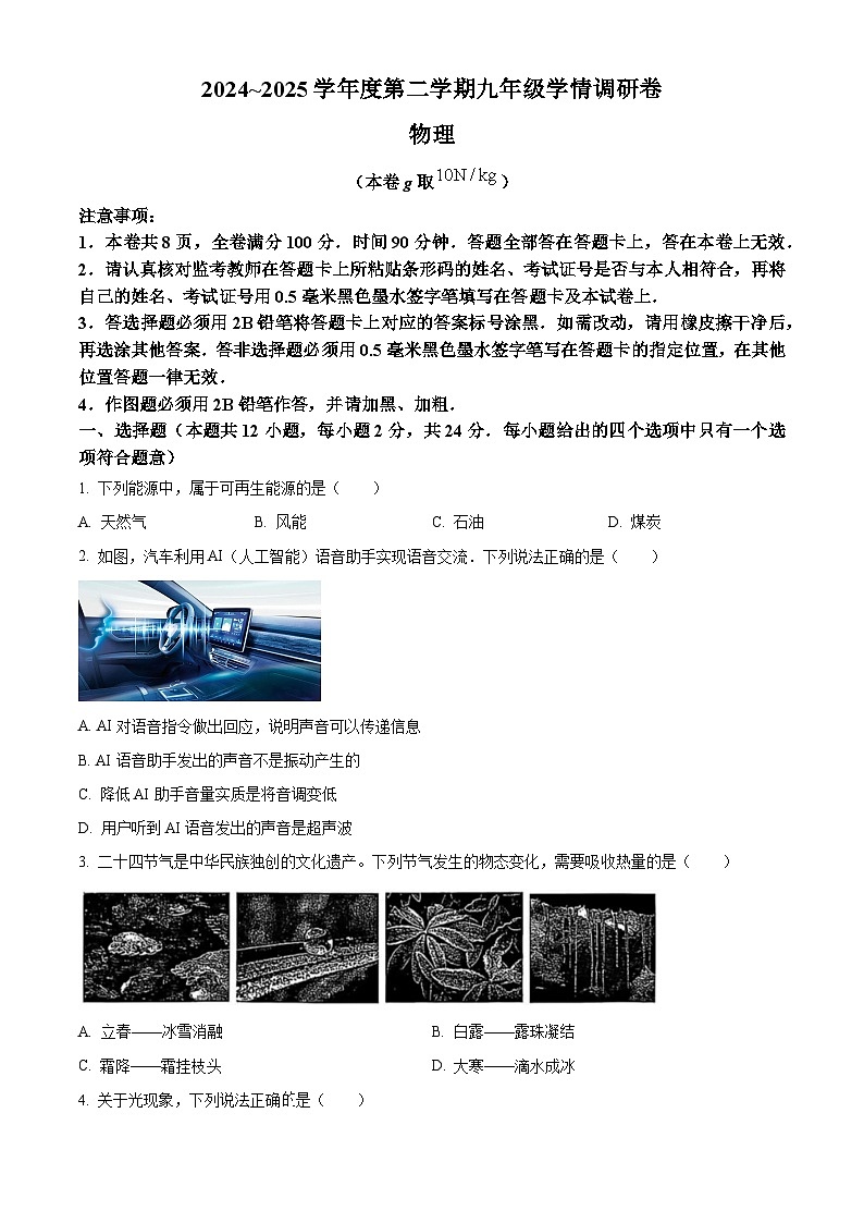 2025年江苏省南京市玄武区中考一模物理试题（原卷版）第1页