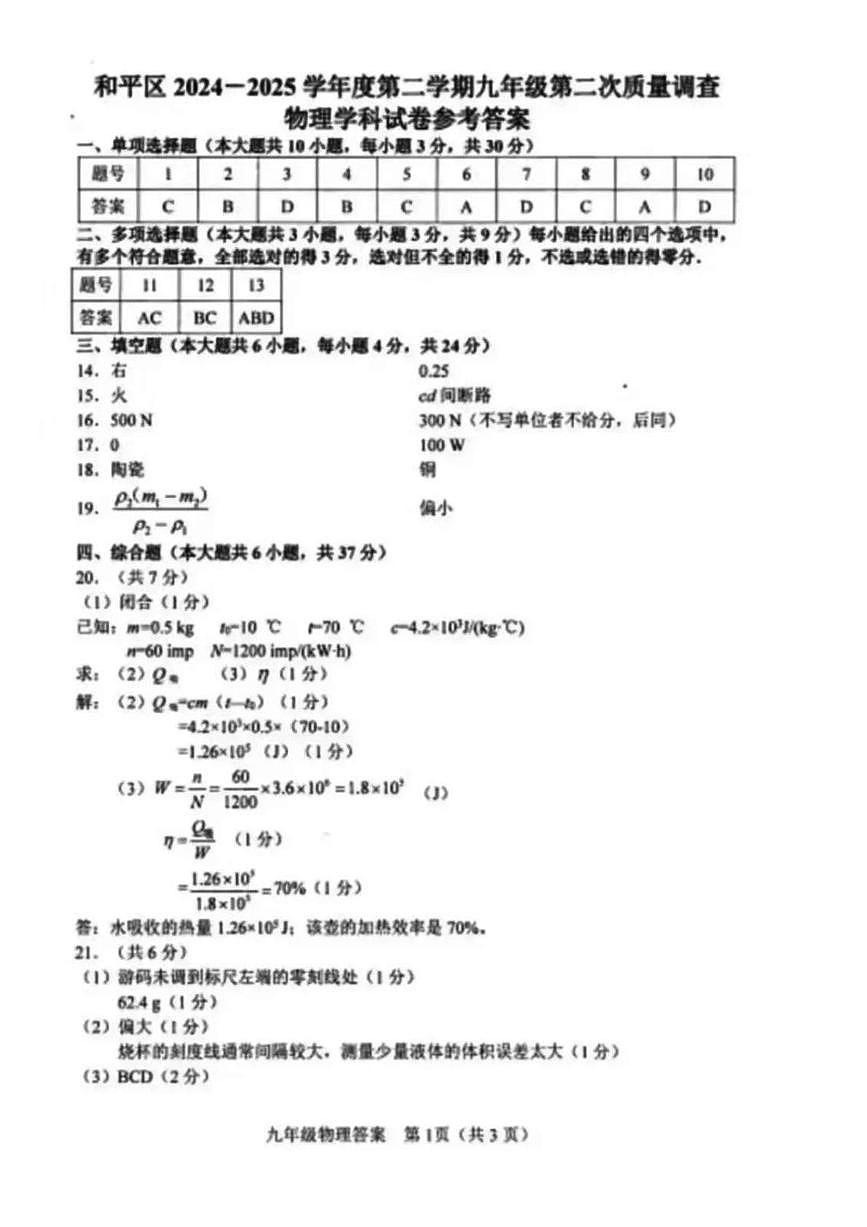 2025年天津市和平区中考二模物理化学试卷(含答案) 2025年和平区中考二模物理答案第1页