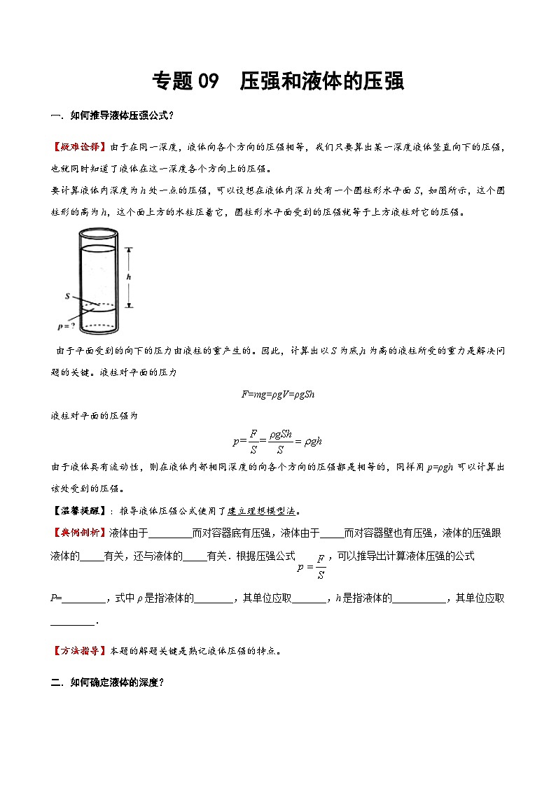 2025年中考物理专题复习讲义专题09 压强和液体压强（方法与技巧）（原卷版）第1页