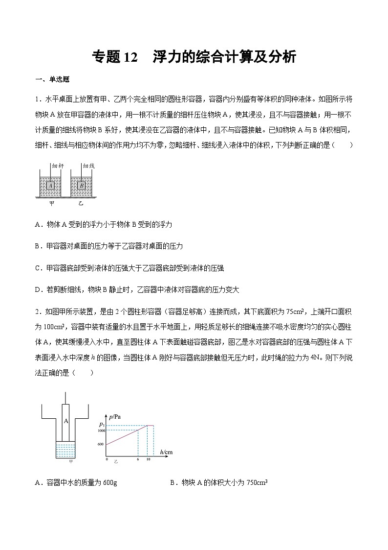 2025年中考物理专题复习讲义专题12 浮力综合（习题精选练习）（原卷版）第1页