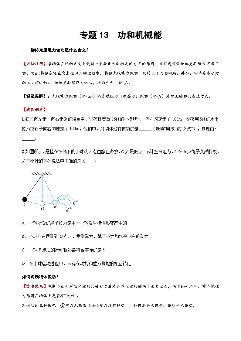2025年中考物理专题复习讲义专题13 功和机械能（方法与技巧）（原卷版）第1页