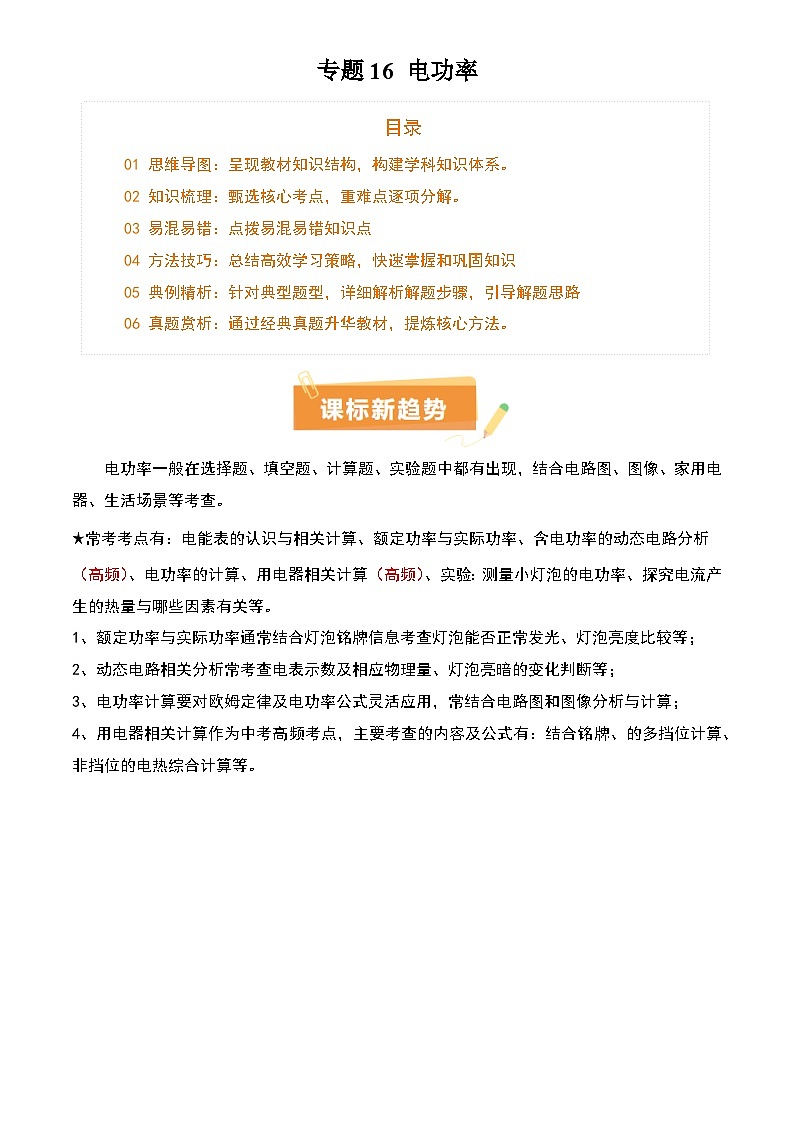 2025年中考物理专项复习讲义专题16 电功率(4大模块知识清单+5个易混易错+6种方法技巧+典例真题精析)(原卷版)第1页