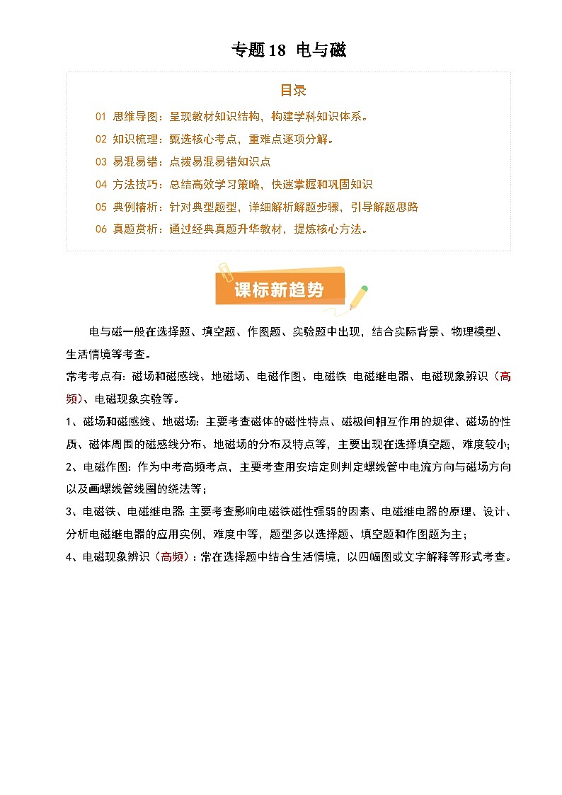 2025年中考物理专项复习讲义专题18 电与磁(5大模块知识清单+5个易混易错+5种方法技巧+典例真题精析)(原卷版)第1页