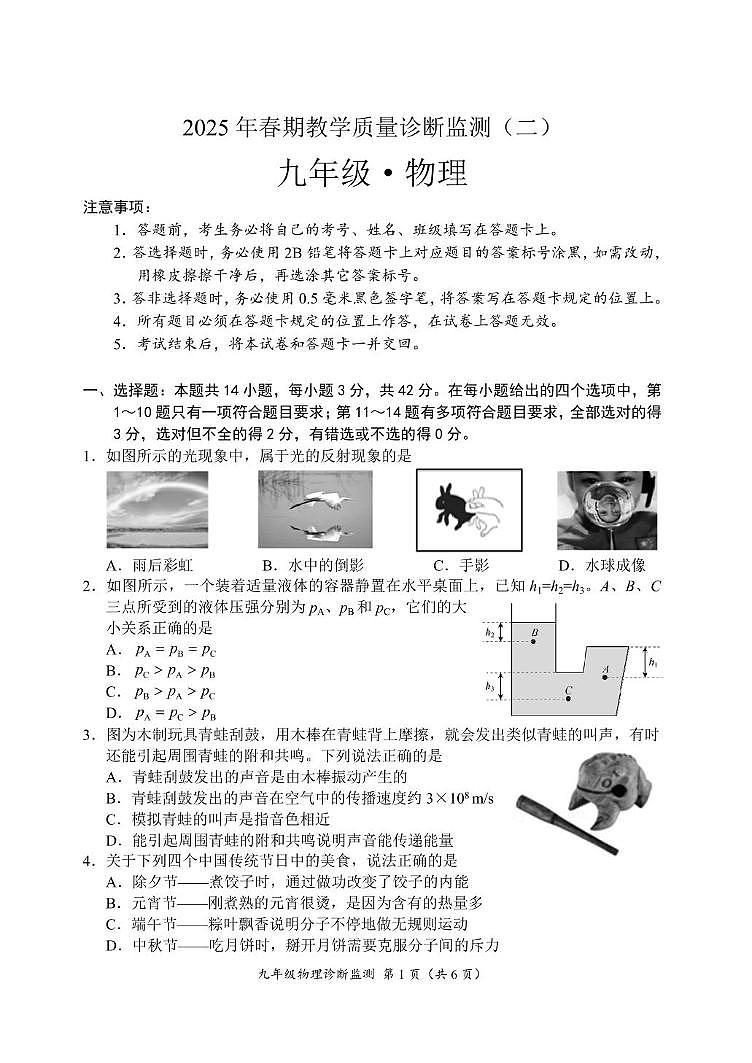 2025年四川省宜宾市长宁县中考二模考试物理试题第1页