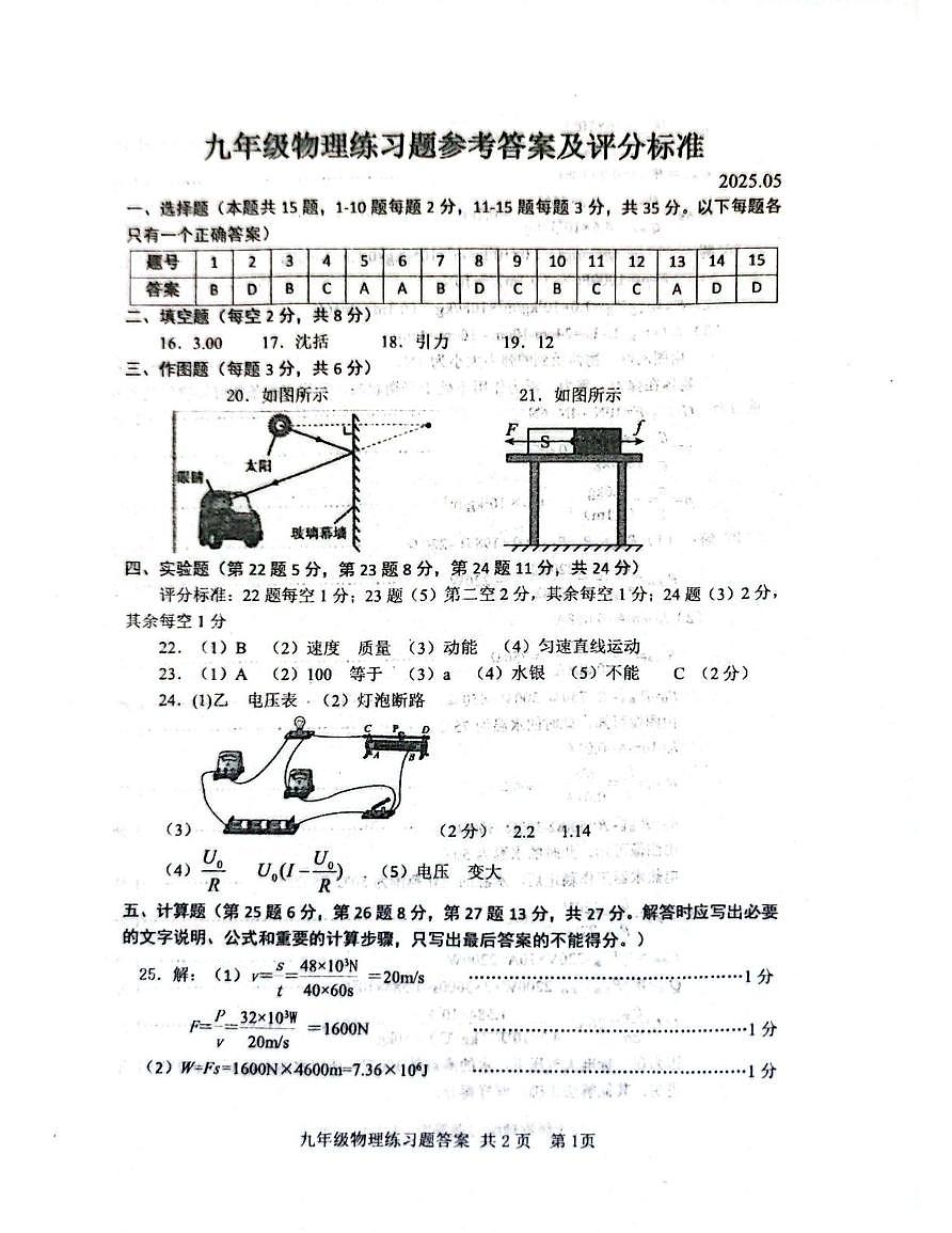2025泰安市岱岳区中考三模物理试题 物理答案第1页