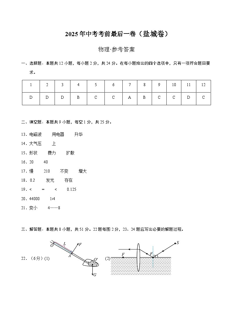 物理（盐城卷）（参考答案）第1页