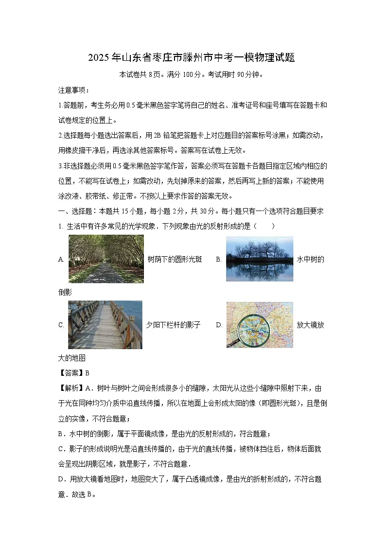 物理：2025年山东省枣庄市滕州市中考一模试题（解析版）第1页