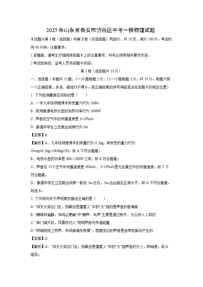 物理：2025年山东省泰安市岱岳区中考一模试题（解析版）第1页