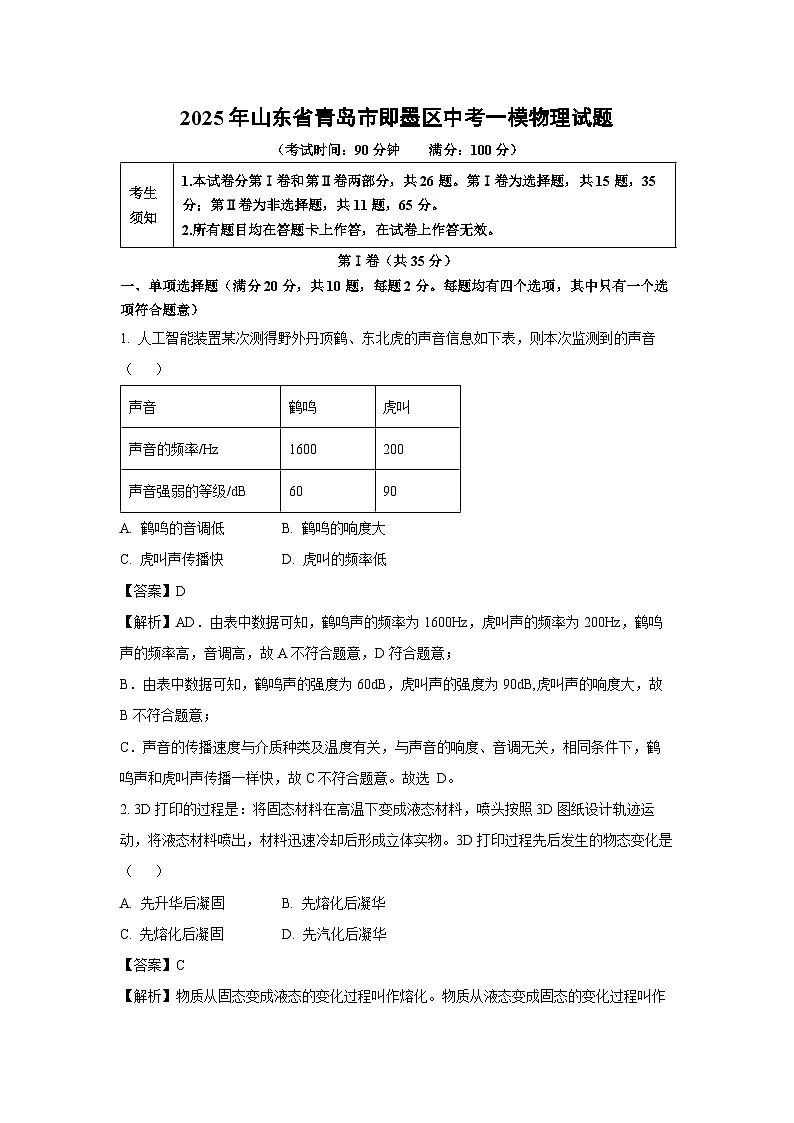 物理：2025年山东省青岛市即墨区中考一模试题（解析版）第1页
