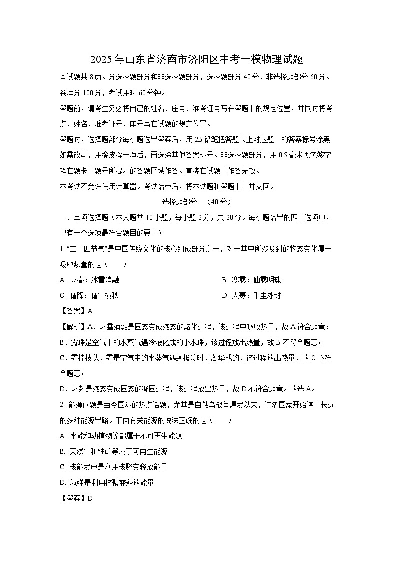 物理：2025年山东省济南市济阳区中考一模试题（解析版）第1页