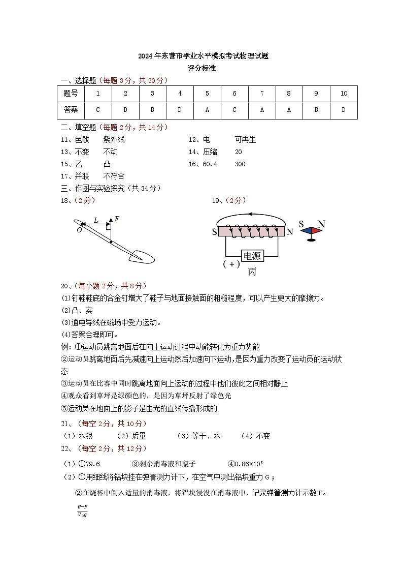 二〇二四年初中学业水平第二次模拟考试-物理参考答案及评分标准第1页