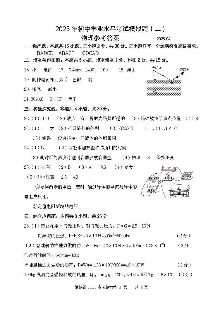 物理模拟题（二）参考答案第1页