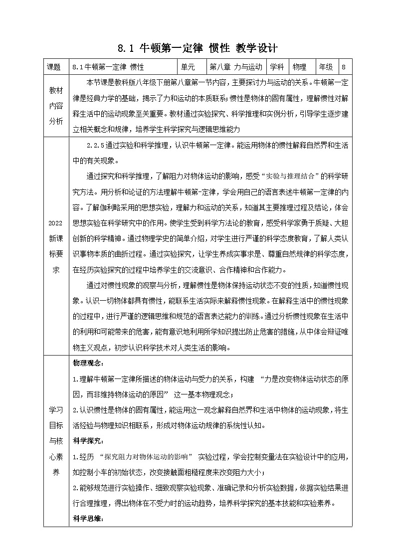 【新教材】教科版8.1 牛顿第一定律 惯性 教学设计第1页