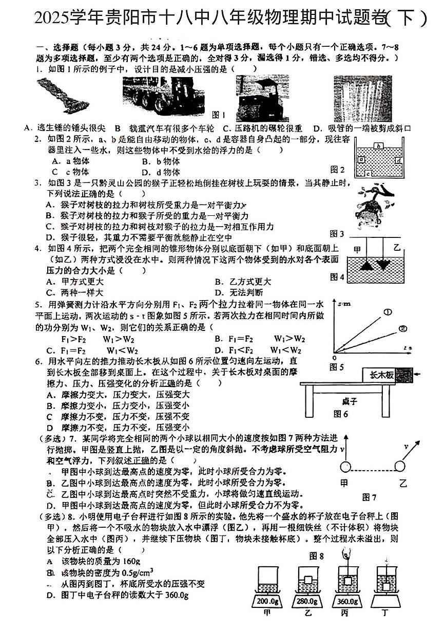 贵州省贵阳市第十八中学2024-2025学年八年级下学期期中物理试题卷第1页