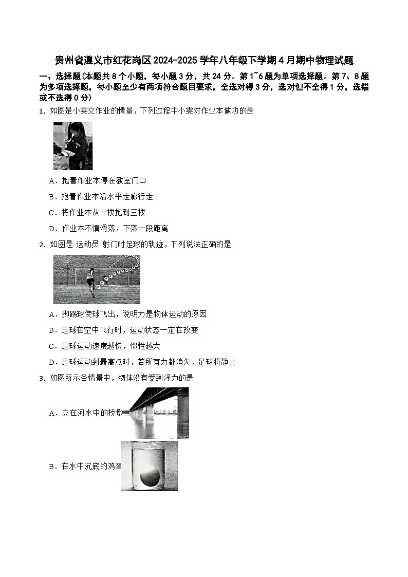 贵州省遵义市红花岗区2024-2025学年八年级下学期4月期中物理试题第1页