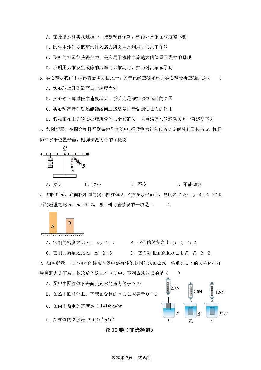 重庆市巴南中学2024-2025学年八年级下学期5月月考物理试卷第2页