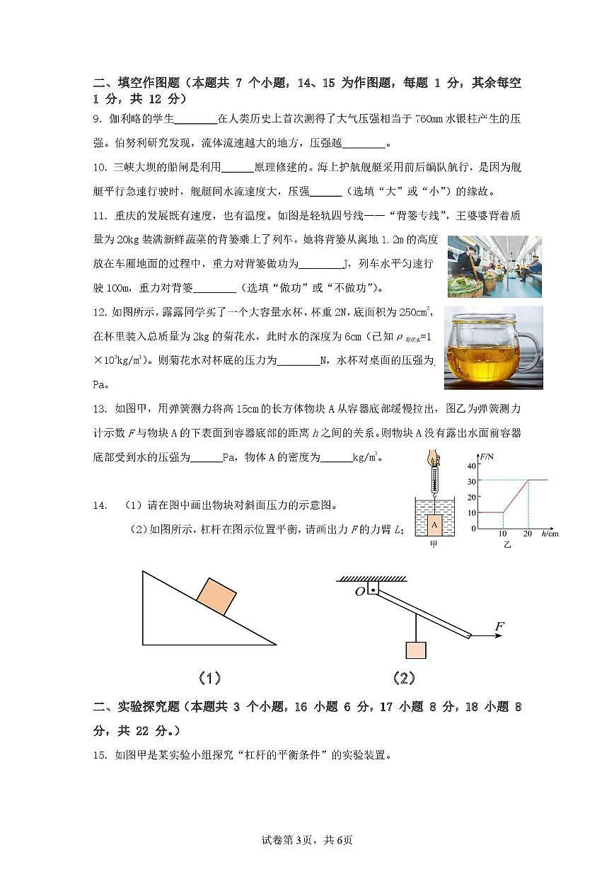 重庆市巴南中学2024-2025学年八年级下学期5月月考物理试卷第3页