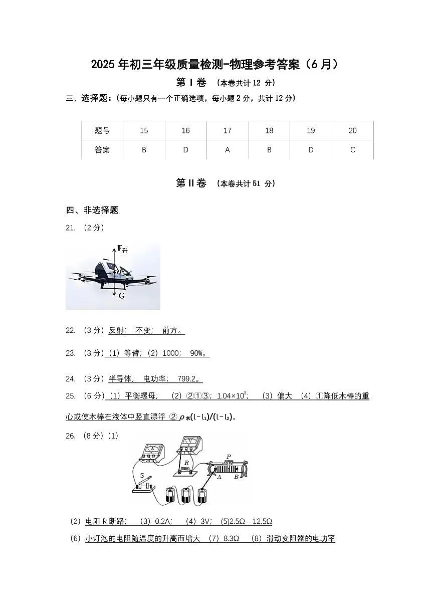 2025年6月深圳市多校初三质量检测物理试卷答案第1页