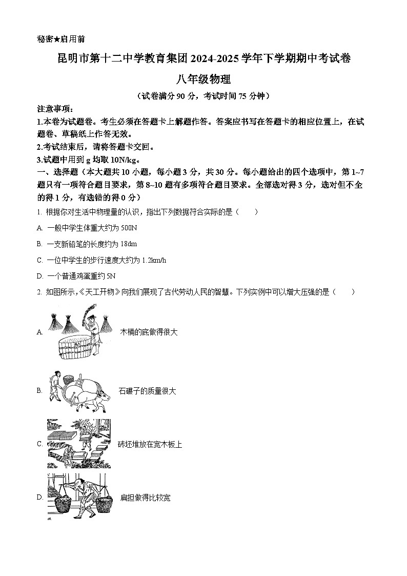 云南省昆明市第十二中学2024-2025学年八年级下学期期中质量检测物理试题第1页