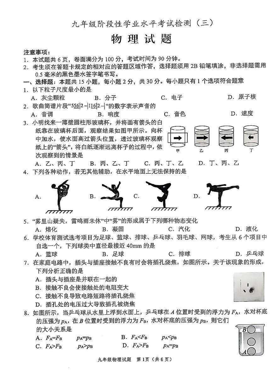 2025年山东省菏泽市牡丹区中考三模物理试卷（中考模拟）第1页