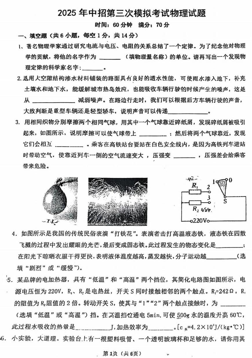 2025年河南省驻马店市西平县中考三模物理试题第1页