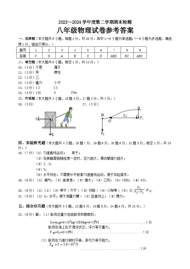2023～2024第二学期八年级物理（参考答案）(1)第1页