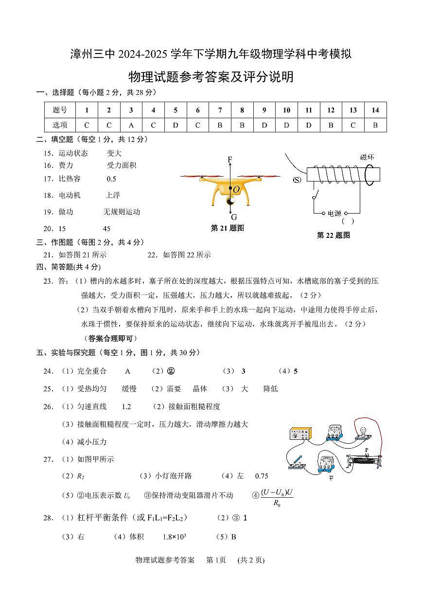 2024-2025学年下学期九年级物理中考模拟答案(1)第1页