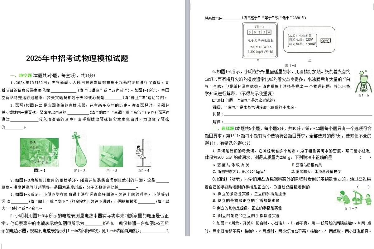 2025年河南省驻马店市遂平县文城中学、二中联考中考三模物理试题（中考模拟）第1页
