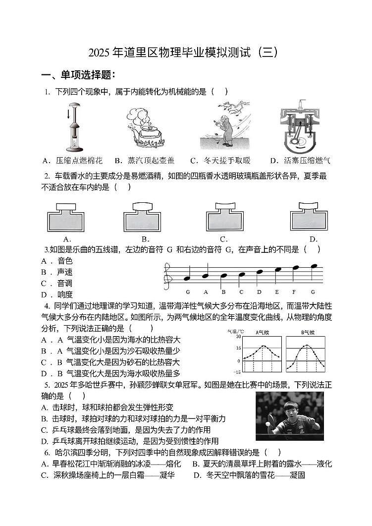 2025年黑龙江省哈尔滨市道里区中考三模物理试题（中考模拟）第1页