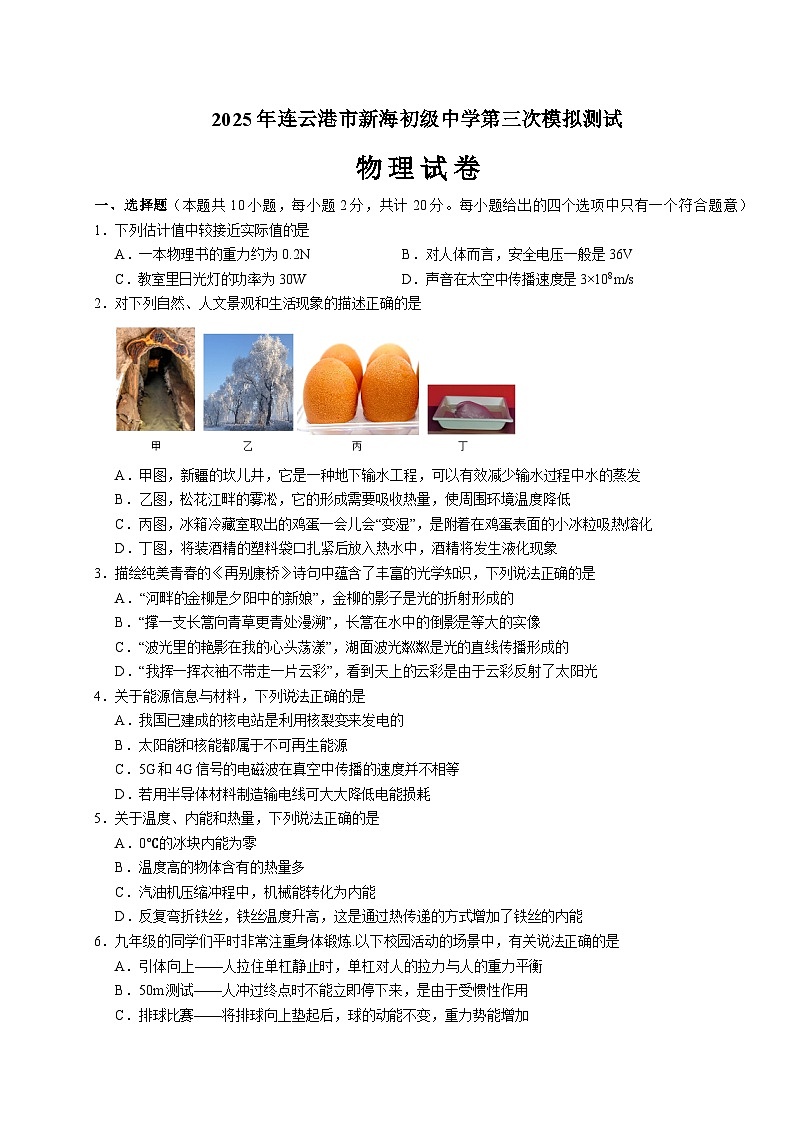 2025年江苏省连云港市新海初级中学中考物理三模试卷（中考模拟）(001)第1页