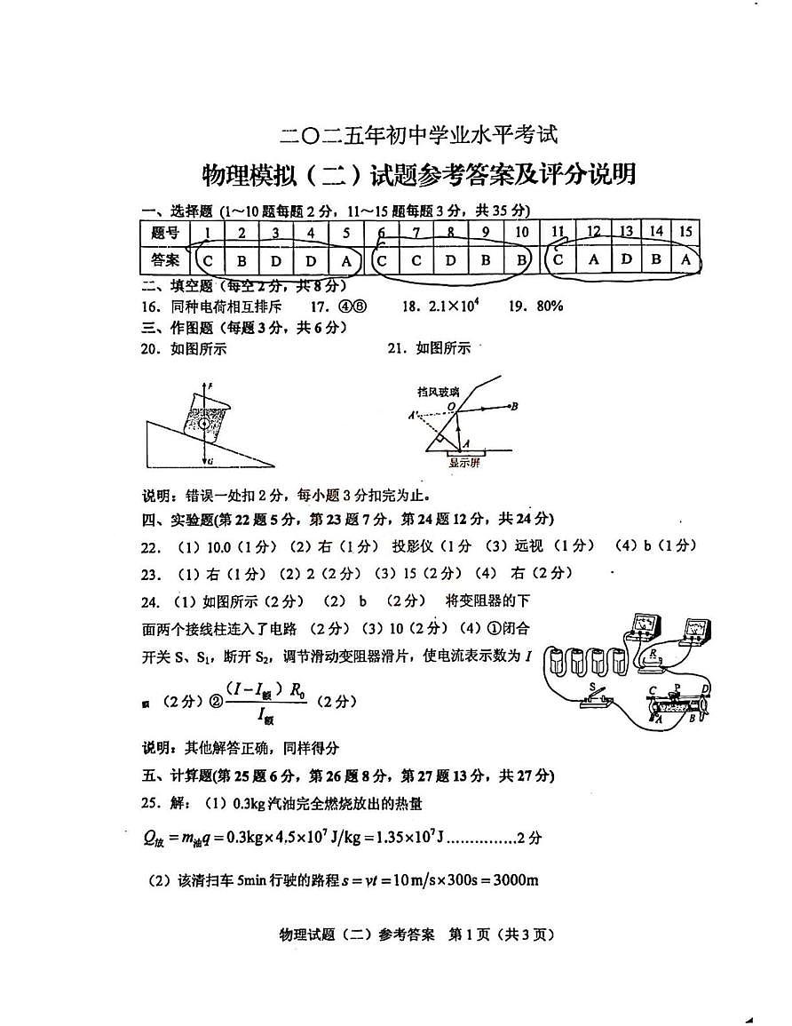 2025泰安市肥城三模物理试题 答案第1页
