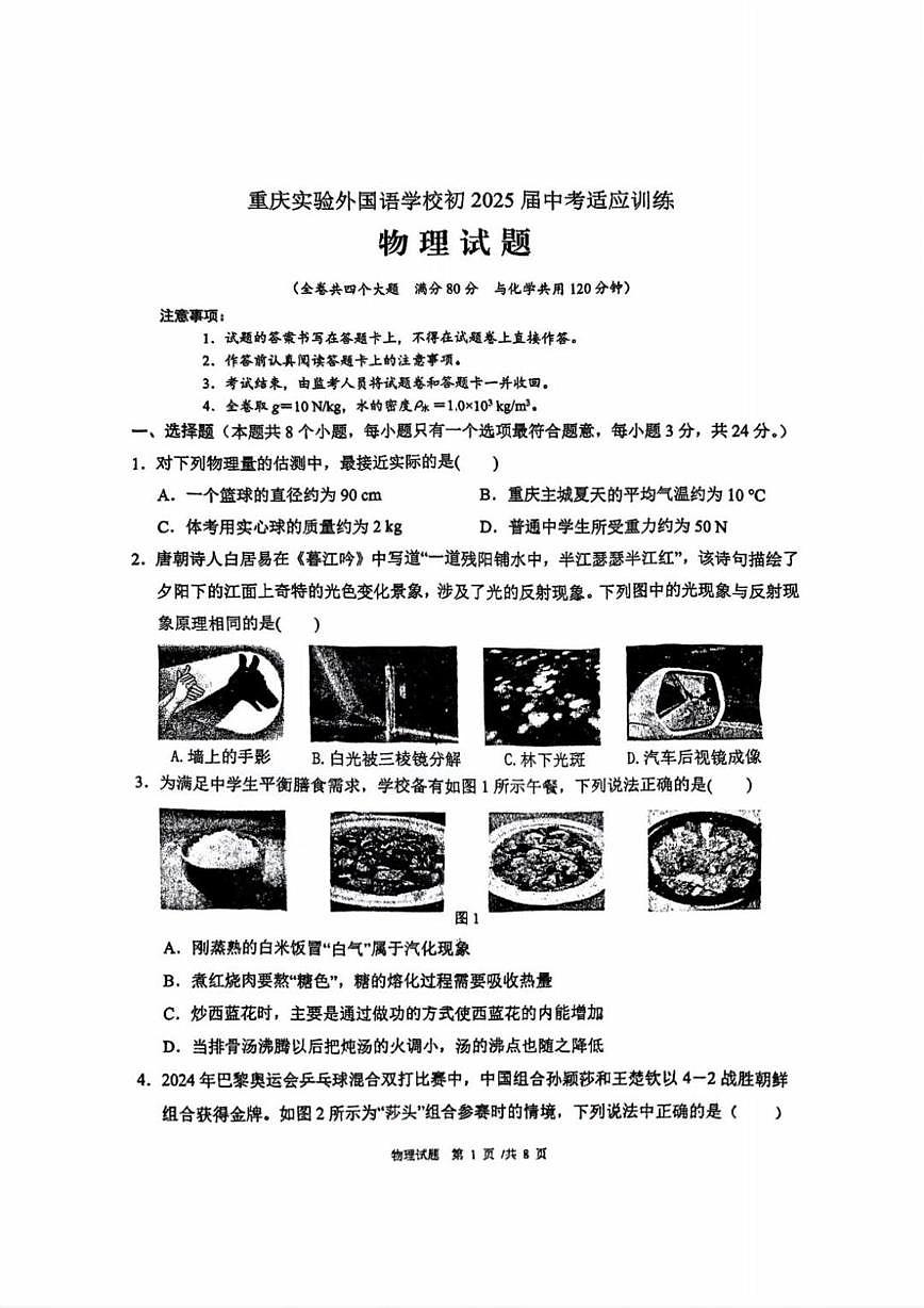2025年重庆市重庆实验外国语学校中考三模物理试题（中考模拟）第1页