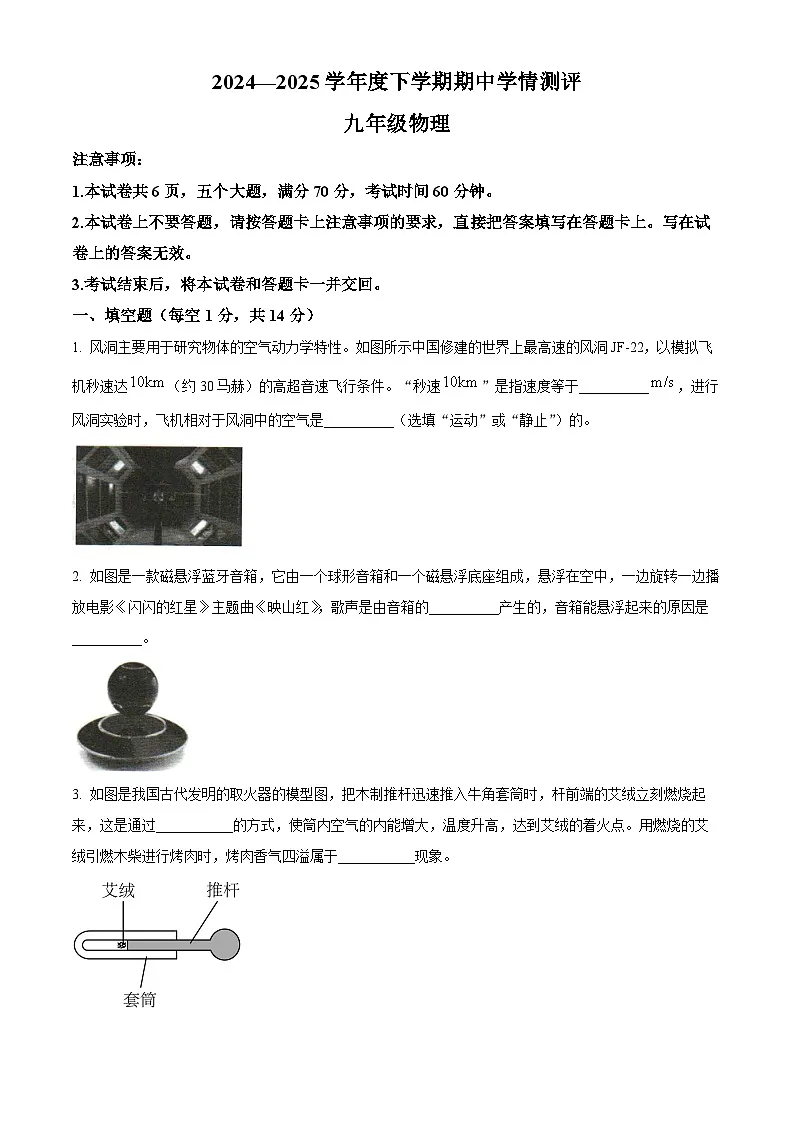 河南省驻马店市平舆县2024-2025学年九年级下学期期中学情测评物理试卷第1页