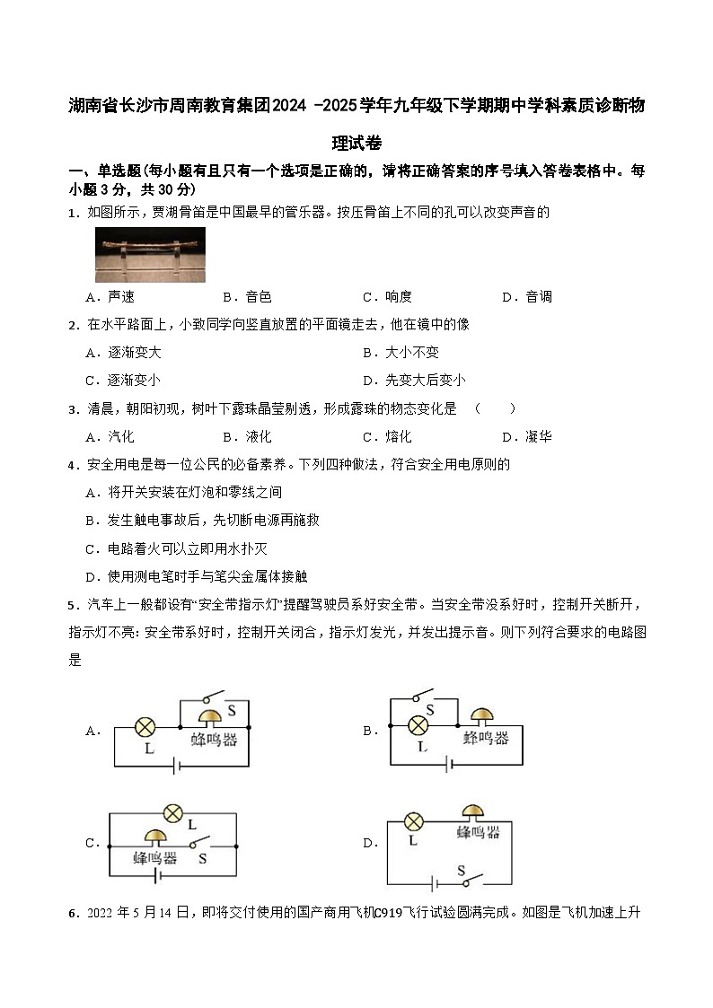 湖南省长沙市周南教育集团2024 -2025学年九年级下学期期中学科素质诊断物理试卷第1页
