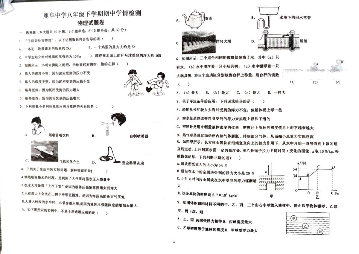 云南省石林县鹿阜中学2025学年八年级下学期期中学情检测物理试题卷(无答案)第1页