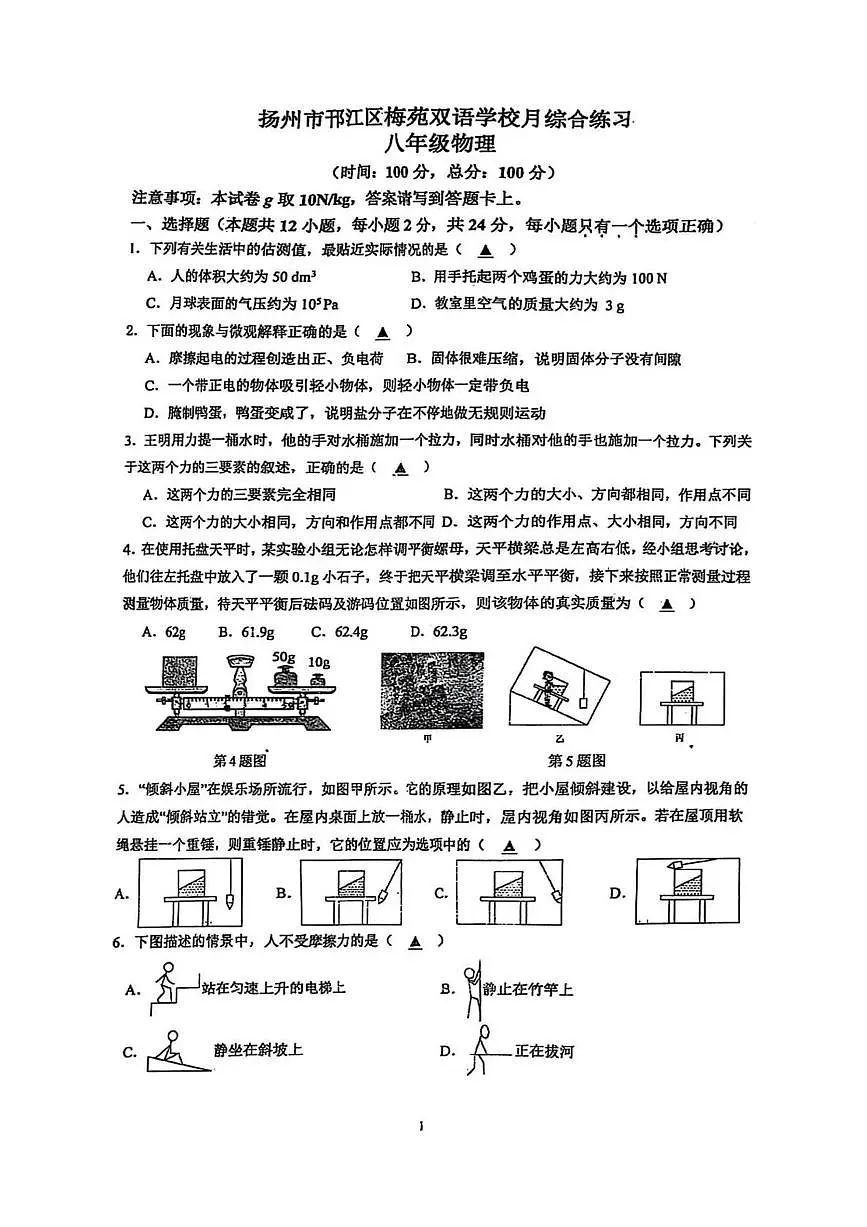 江苏省扬州市邗江区梅苑双语学校2024-2025学年八年级下学期第二次物理月考试卷第1页