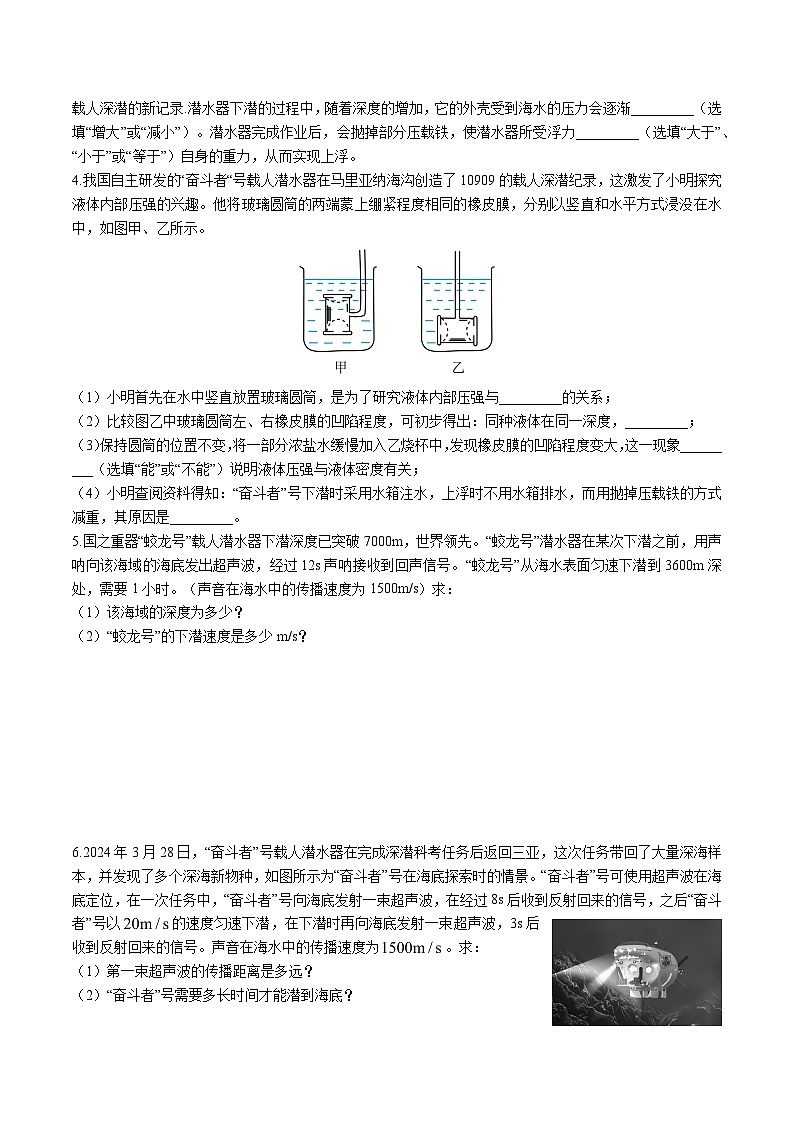 2025年九年级中考物理热点考点知识专项训练：热点三 下潜频次创纪录第3页
