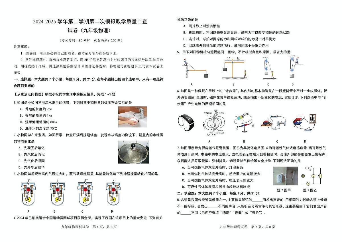 2025年广东省清远市九年级物理二模试卷含答案 九年级 物理（试题）2024-2025学年第二学期第二次模拟教学质量自查第1页