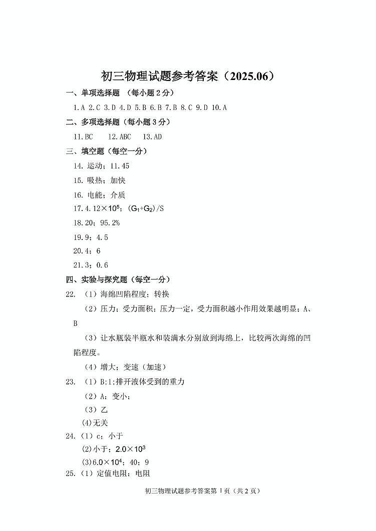 初三物理试题参考答案(2025.06)第1页