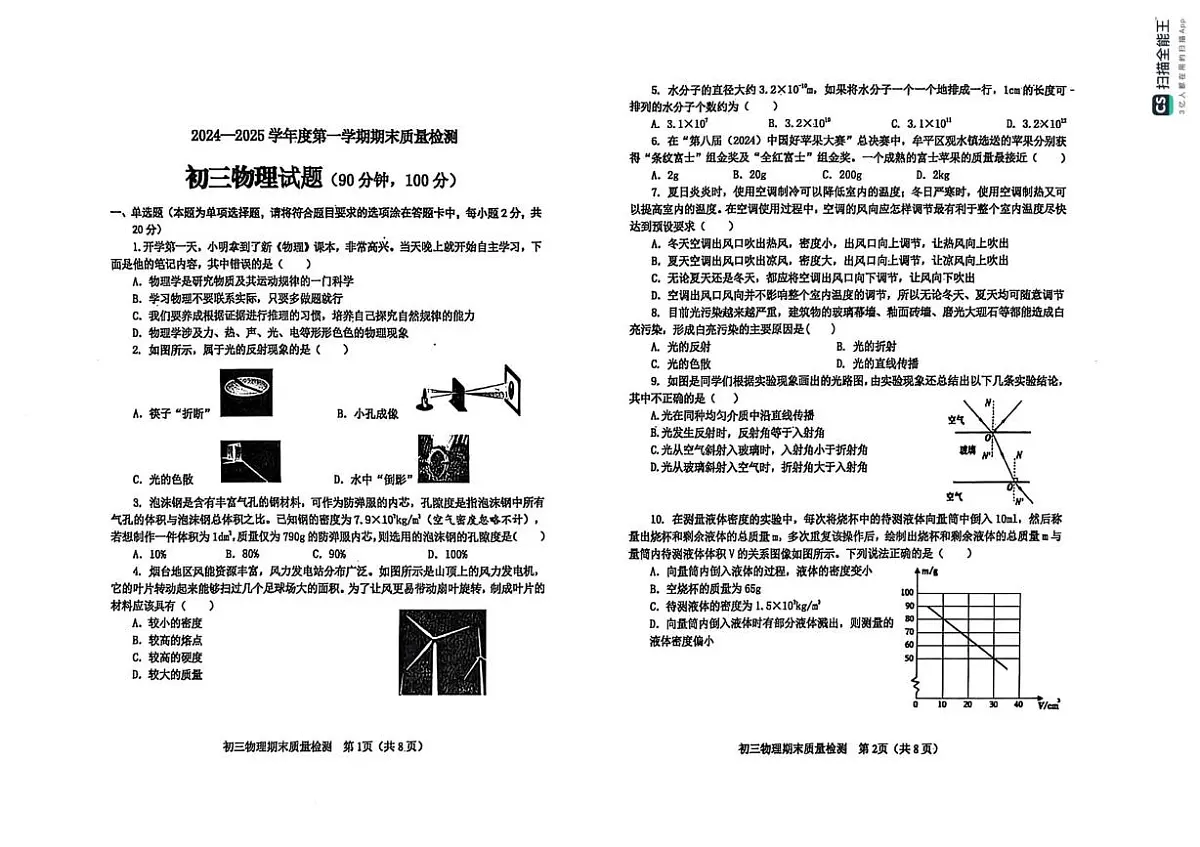 山东省烟台市牟平区（五四制）2024-2025学年八年级上学期期末考试物理试题第1页